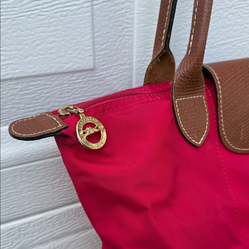 Longchamp Rose Pink Nylon Le Pliage Tote with Brown Leather Trim - Picture 2 of 10